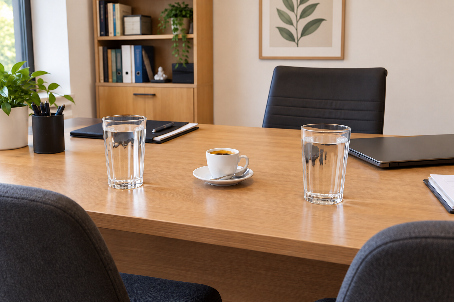 Tasse de café posée sur la table d’un espace d’entretien chaleureux.